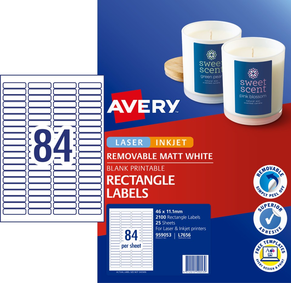 Avery Removable Multi-purpose Labels Laser Inkjet Printers 46 x 11.11mm 2100 Labels (959053 / L7656)