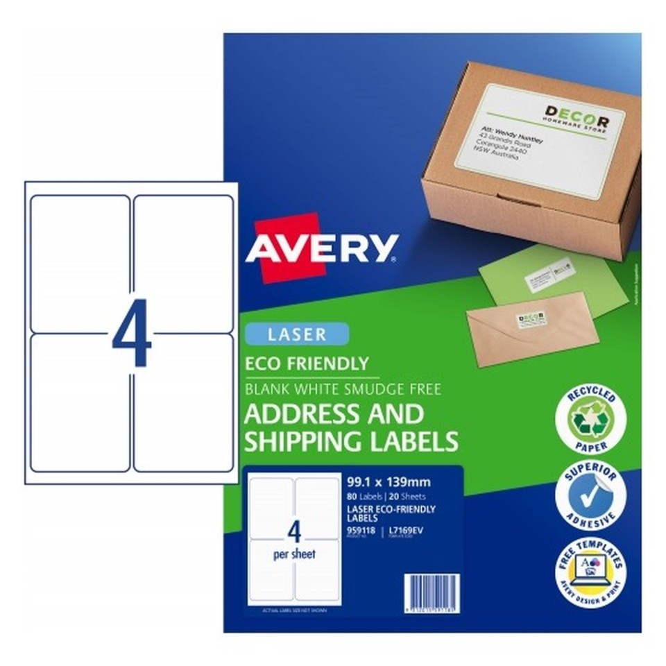 Avery Address labels Eco Laser Printer 959118/L7169EV 99.1x139mm 4 Per Sheet Pack 80 Labels