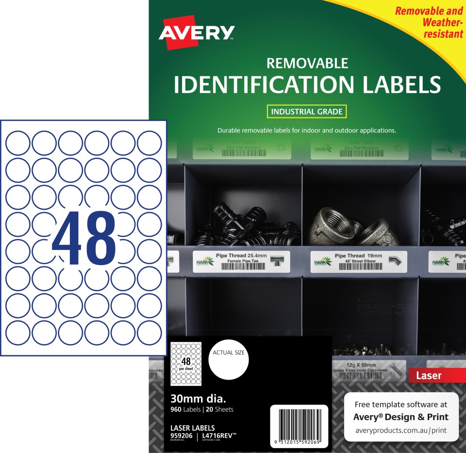 Avery White Heavy Duty Labels Removeable Laser Printers 30mm Round 48 Per Sheet 960 Labels 959206