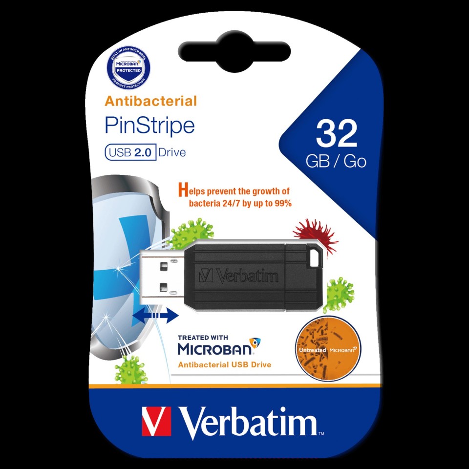 Verbatim Antibacterial Pinstripe 32GB USB 2.0 Flash Drive with Microban