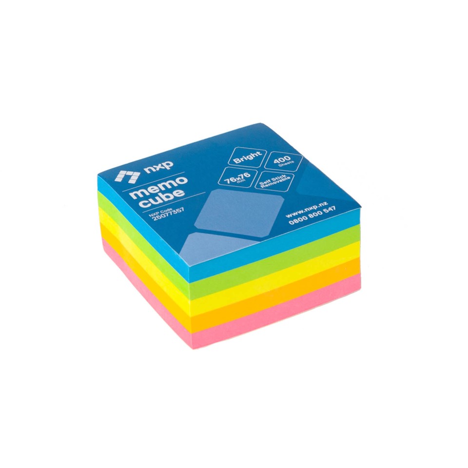 NXP Self-Adhesive Sticky Notes Removable Memo Cube 76x76mm Bright Colours 400 Sheets