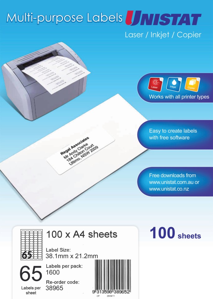 Unistat 38965 Labels 38.1X21.2mm 65 Sheet Pack 100