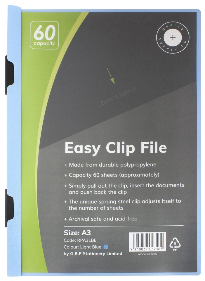 Osc Clip Easy File 60 Sheet A3 Light Blue