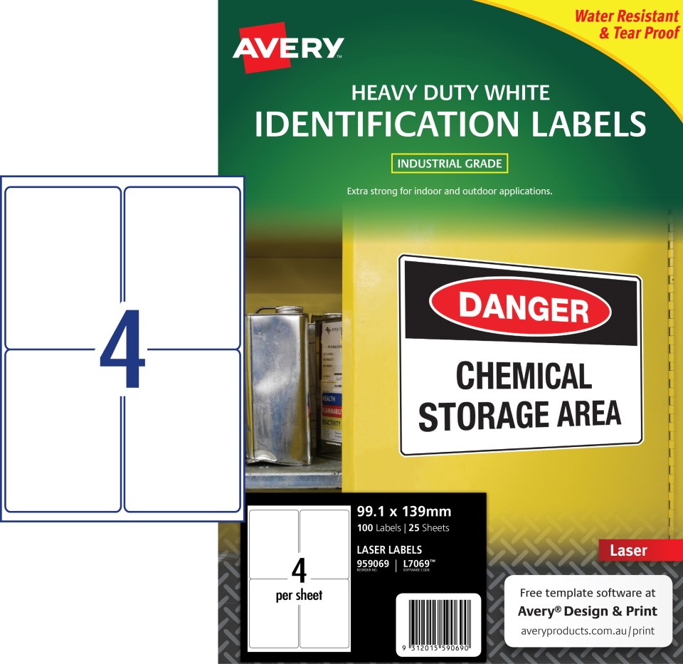 Avery White Heavy Duty Labels Laser Printers 99.1x139mm 4 Per Sheet 100 Labels 959069 / L7069