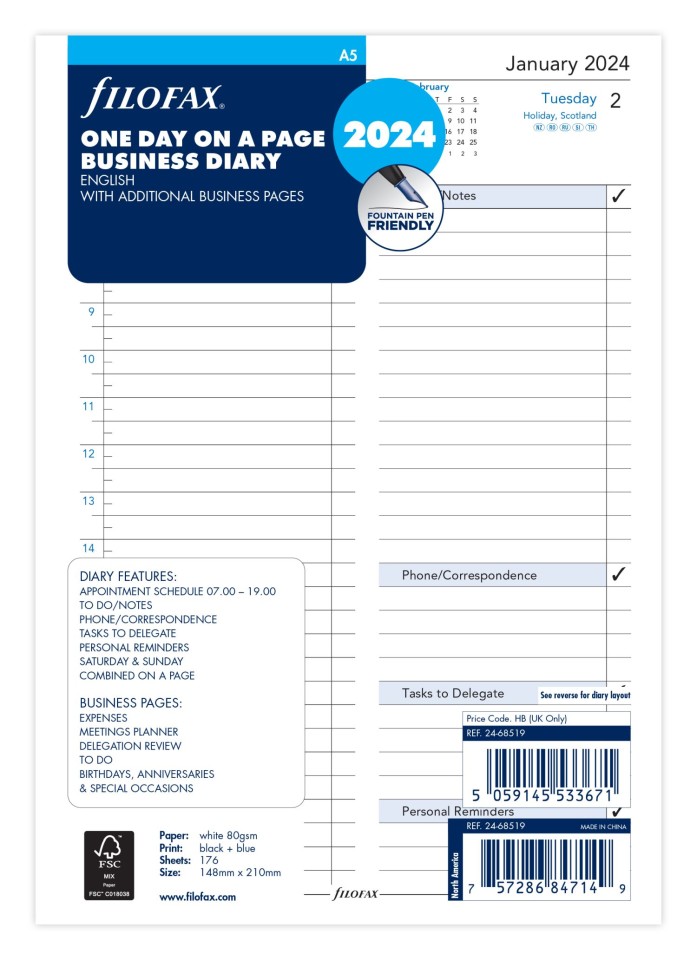 Filofax 2024 Day To Page Appointments Refill Classic A5