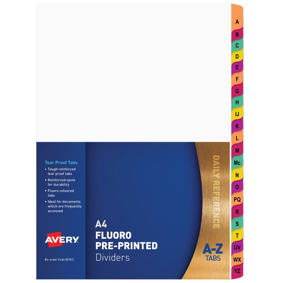Avery Preprinted Dividers A4 Fluoro A-Z Tabs