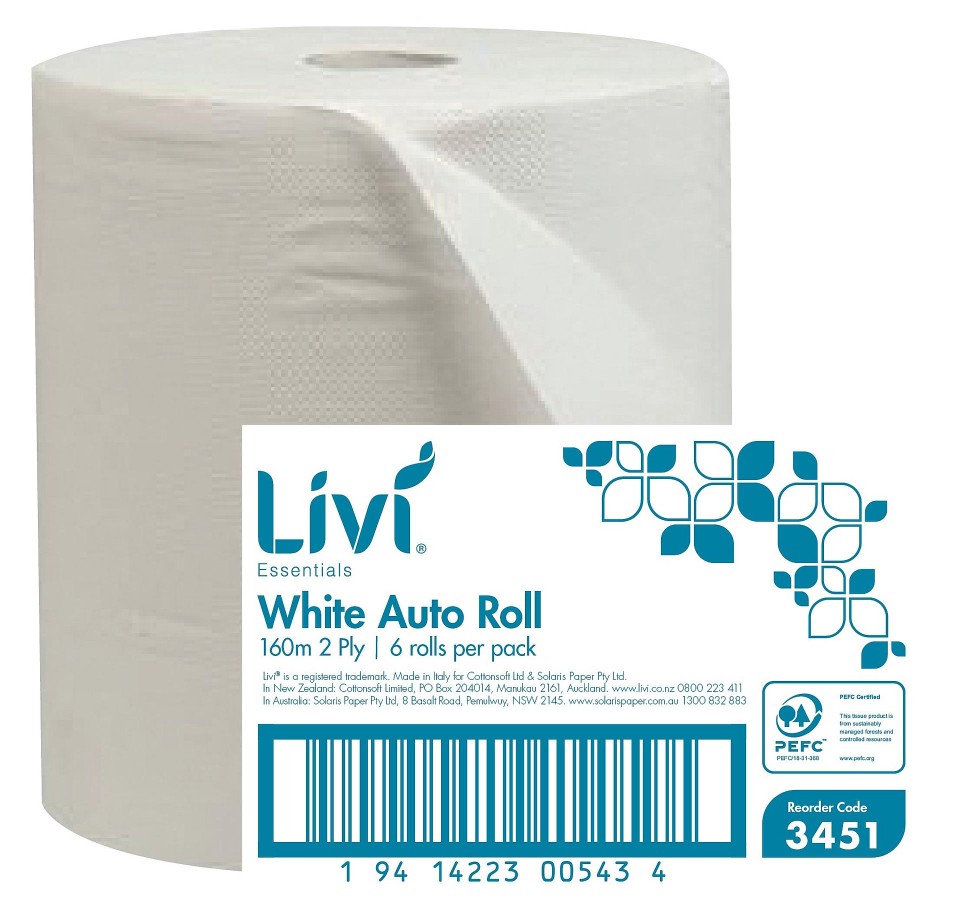 Livi Essentials Premium Easy Roll Hand Towel 2 Ply White 160 meter per Roll 3451 Case of 6