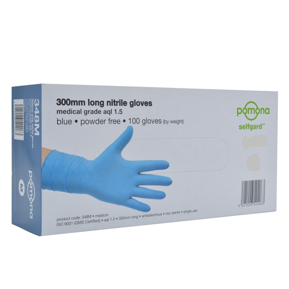 Pomona Nitrile Long Cuff Gloves 300mm Box 100 Large