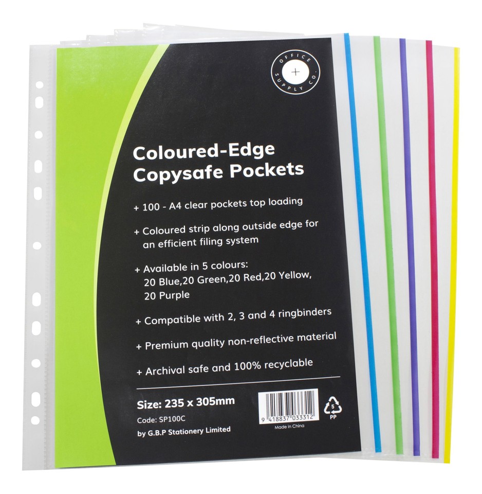 OSC Copysafe Sheet Protectors A4 Assorted Colours Pack 100