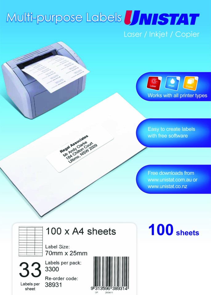 Unistat 38931 Labels 70X25mm 33 Sheet Pack 100