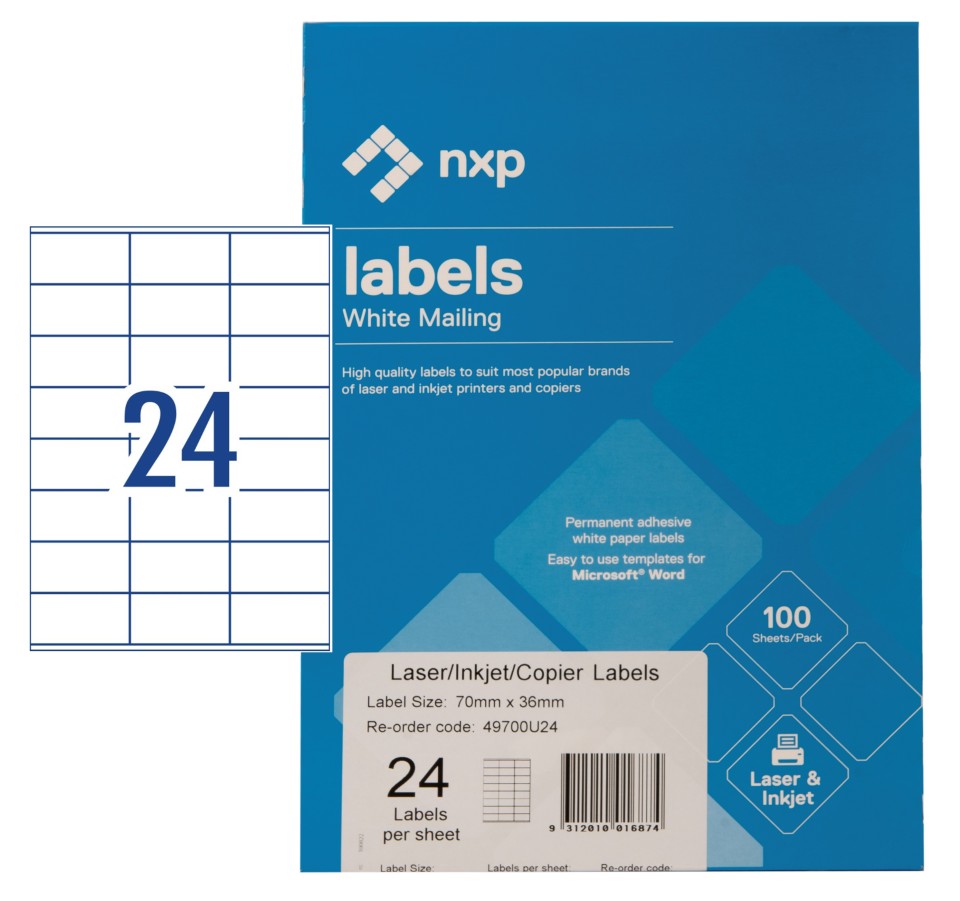 NXP Multi-Purpose Labels Laser Inkjet 70x36mm 24 Per Sheet 2400 Labels