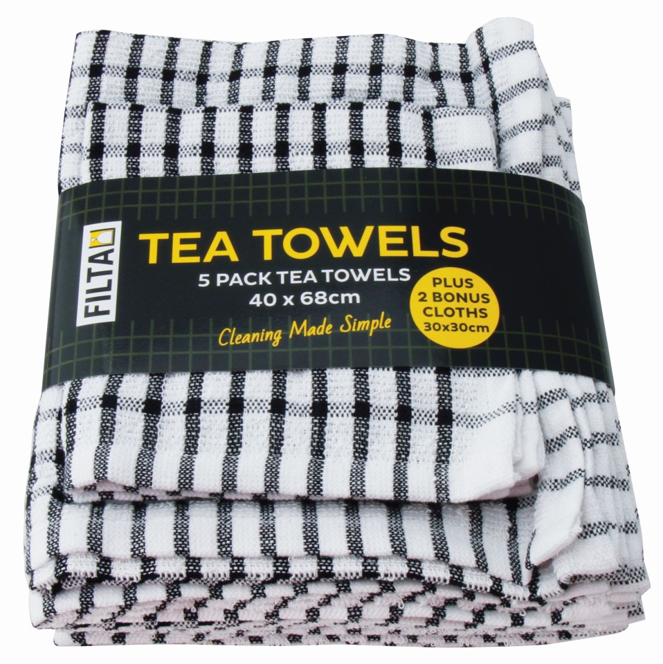 Filta Tea Towel 5 Piece Terry Cotton 2 Bonus Dish Cloths Black Pack 7