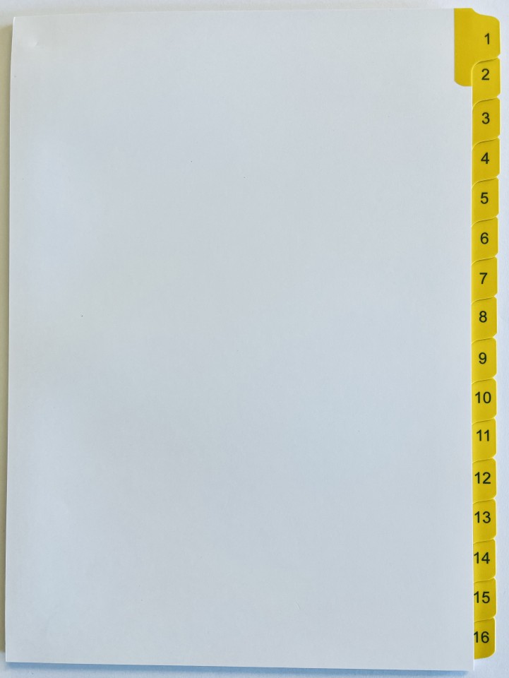 Printed Tabs 1-16 Yellow 10 Sets