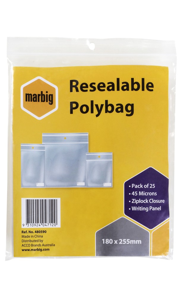 Marbig Resealable Polybag 180 x 255mm Writing Panel Ziplock Closure 45 Microns Pack 25