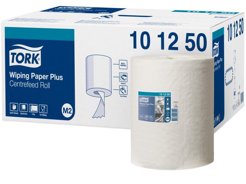 Tork M2 Wiping Paper Plus Centrefeed Roll 101250 2 Ply White 457 Sheets Per Roll Carton of 6
