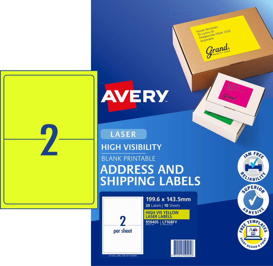 Avery Shipping Labels Laser Printer High Vis 959405/L7168FY 199.6x143.5mm Fluoro Yellow Pack20 Label