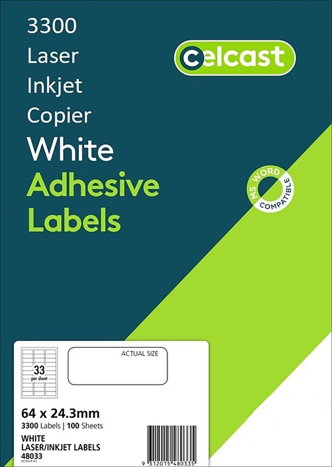 Celcast Labels 64x24.3mm 33 Per Sheet 3300 Labels 48033