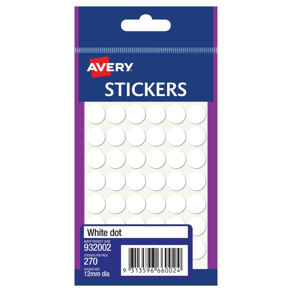 Avery White Dot Round Stickers 12 Mm Diameter Permanent Pack 270 Labels (932002)