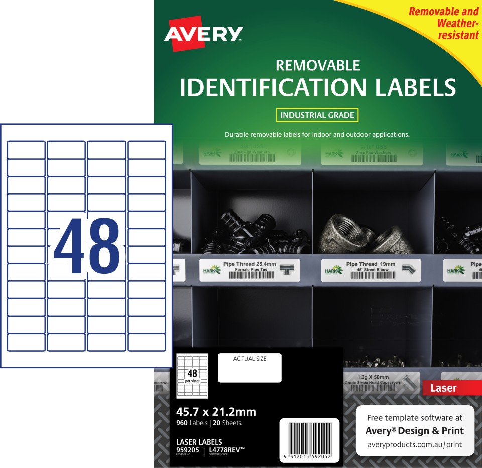 Avery White Heavy Duty Labels Removeable Laser Printers 47.5x21.2mm 48 Per Sheet 960 Labels 959205