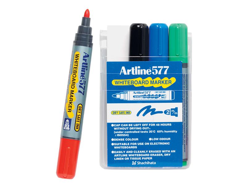 Artline 577 Whiteboard Marker Bullet Tip 2.0mm Assorted Colours Set 4