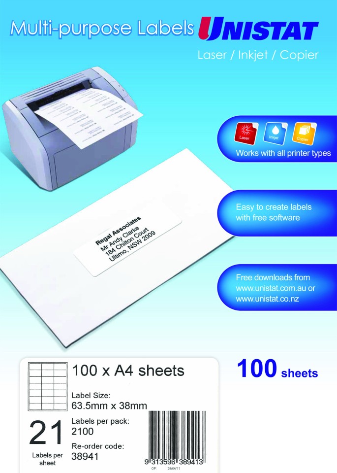 Unistat 38941  Laser/Inkjet/Copier Labels 63X38mm 21 Sheet Box 100