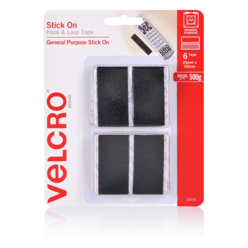 Velcro Brand Hook and Loop Tape Black 25mm x 50mm Pack 6