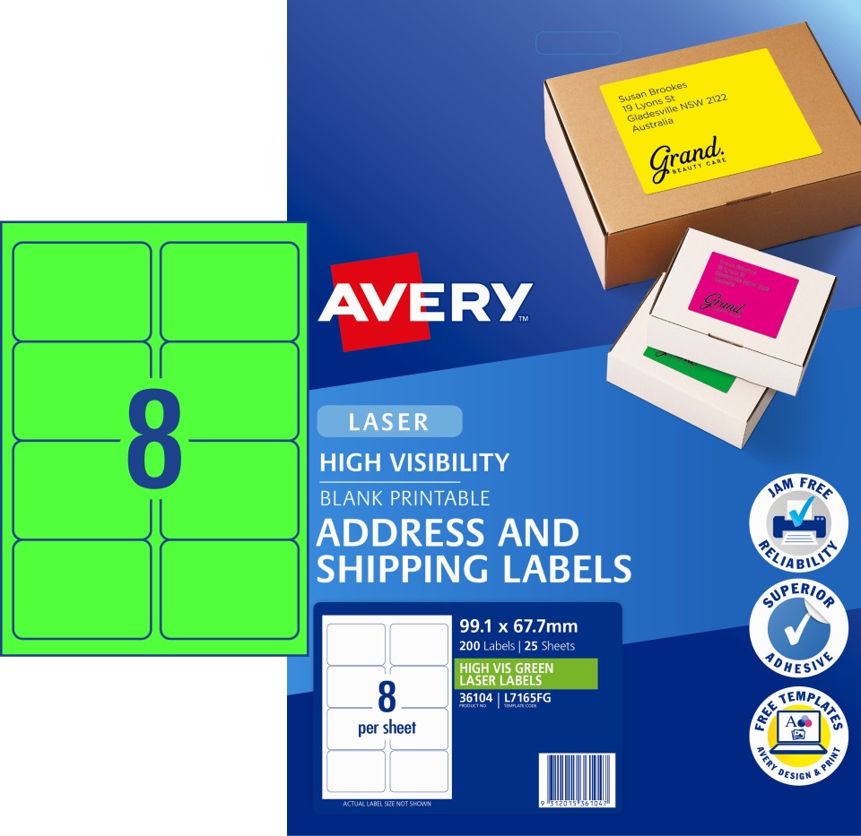 Avery Fluoro Green High Visship Laser Printers 99.1 X 67.7mm Pack 200 Labels (36104 / L7165fg)