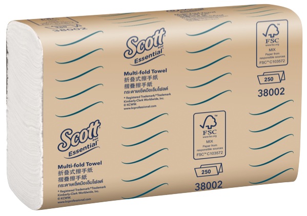 Scott Essential Multifold Hand Towel 38002 24cm x 19.5cm White 250 Sheets per Pack Carton of 16