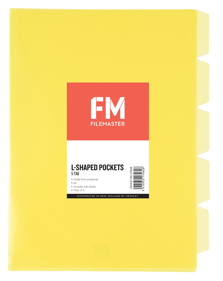 FM Pocket L Shape 5 Tab A4 Yellow 5 Pack