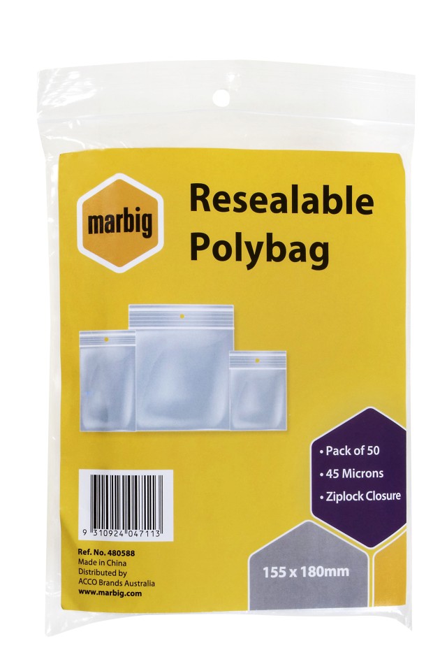 Marbig Resealable Polybag 155 x 180mm Ziplock Closure 45 Microns Pack 50