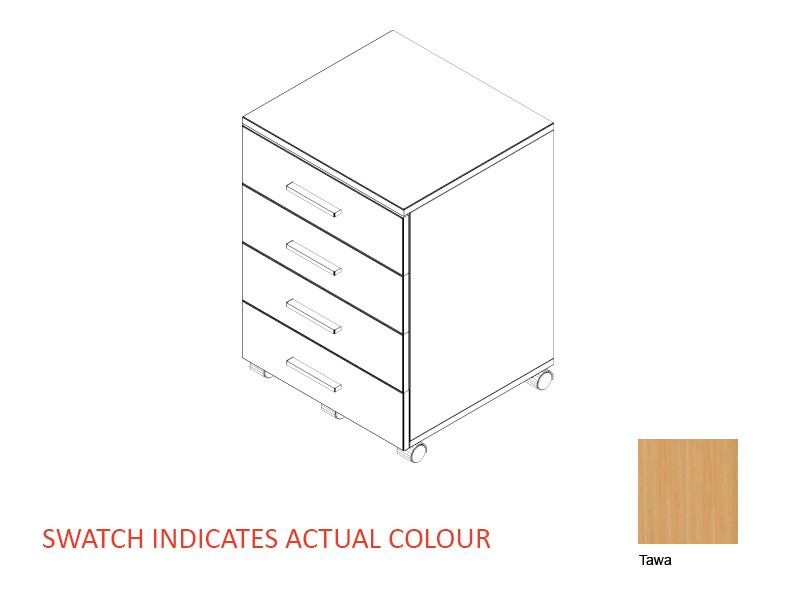 Zealand Mobile 4 Drawer 465(w)x500(d)x660(h)mm 18mm Melamine Panels with Lock Tawa