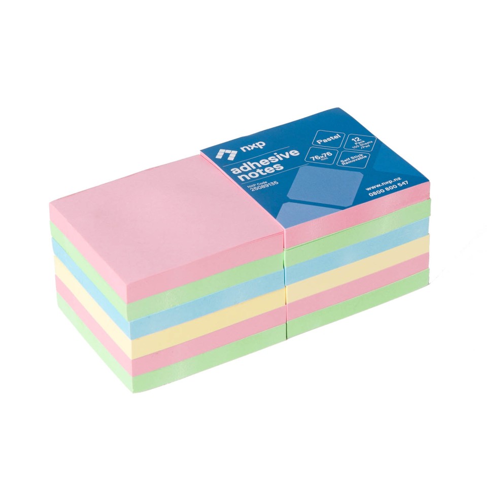 NXP Self-Adhesive Sticky Notes Removable 76x76mm Pastel Colours Pack 12