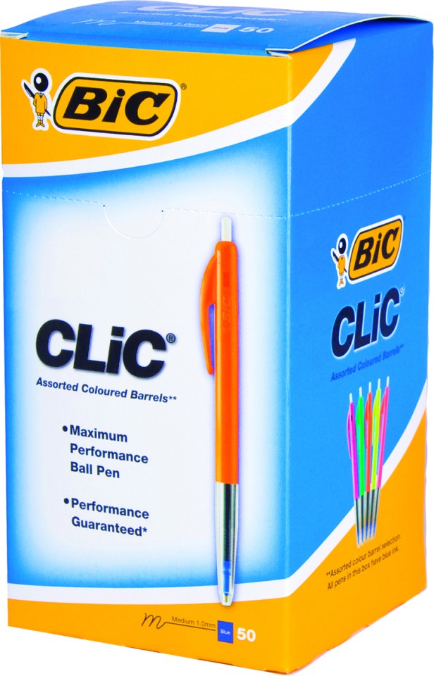 BIC Clic Ballpoint Pen Retractable Assorted Colour Barrels Medium 1.0mm Blue Box 50