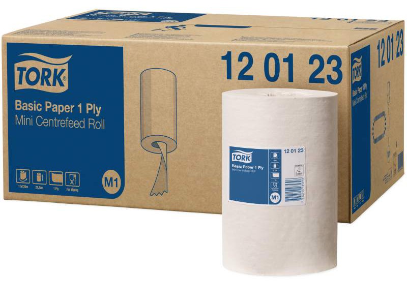 Tork M1 Basic Paper Mini Centrefeed Roll 120123 1 Ply White 120m Per Roll