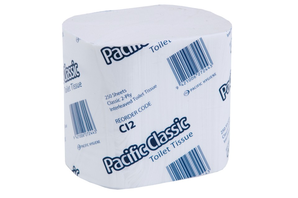 Pacific Classic Interleaved Toilet Tissue 2 Ply White 250 Sheets per Pack CI2 Carton of 36