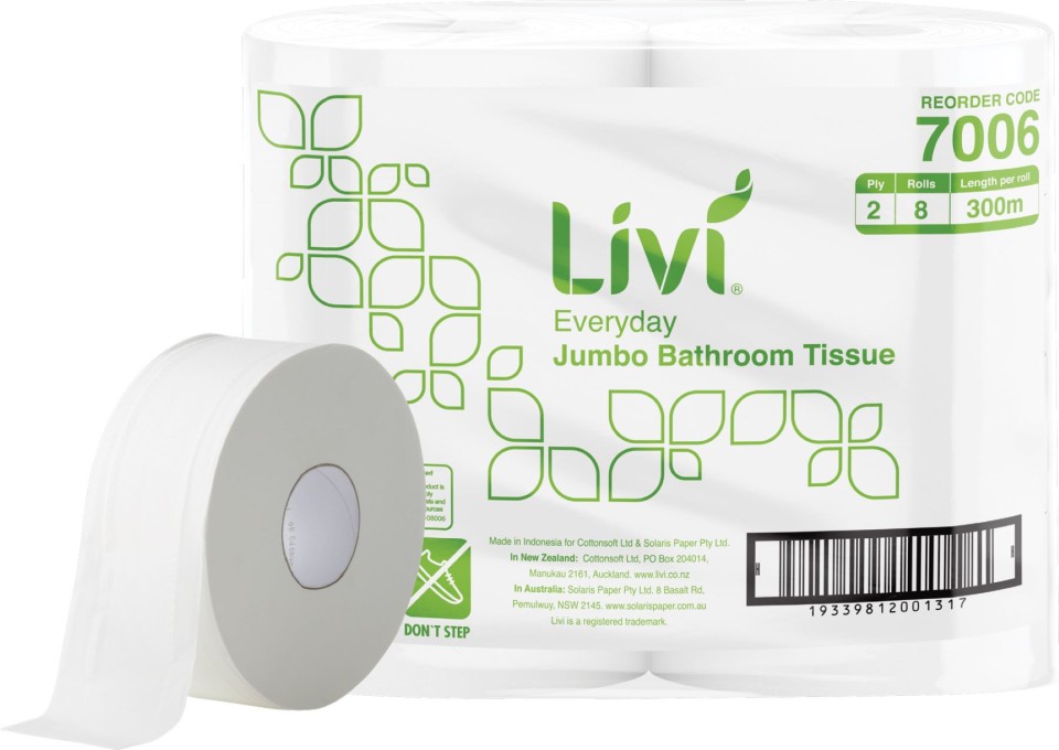 Livi Basic Jumbo Toilet Tissue 2 Ply White 300 meters per Roll 7006 Carton of 8