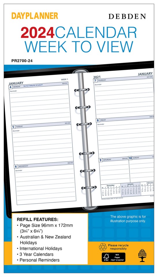 Debden 2024 Dayplanner Personal Refill Week To View