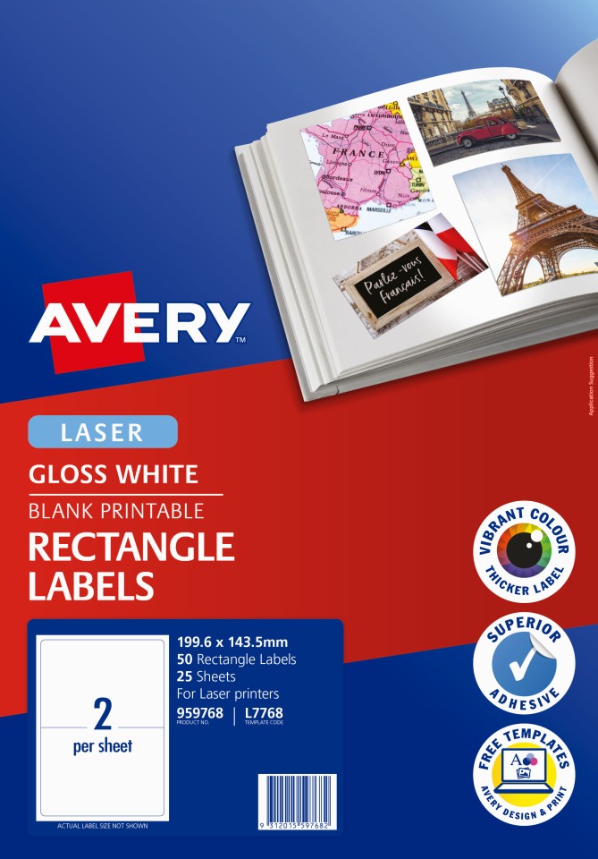 Avery Gloss Photo Multi-purpose Laser Printers 199.6 X 143.5mm Pack 50 Labels (959768 / L7768)