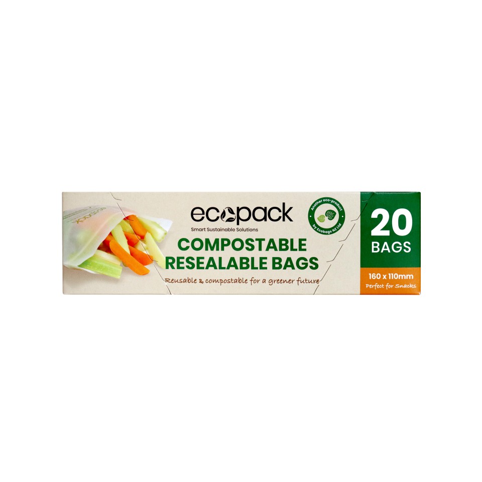Ecopack Compostable Resealable Snack Bags 160 x 110mm Box of 20 Bags