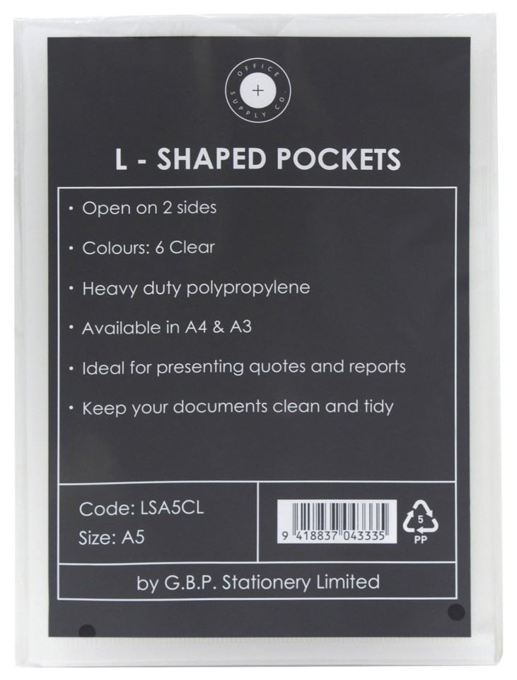 OSC L Shaped Pockets Heavy Duty A5 Clear Pack 6