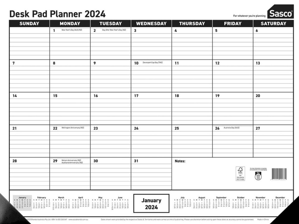 Sasco 2024 Desk Pad Planner 430x555mm Monthly