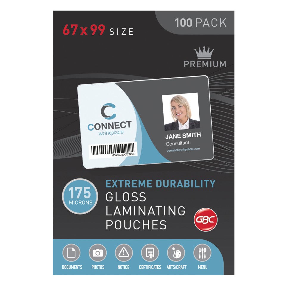 GBC Laminating Pouches Gloss Badge 67x99mm 175 Micron Pack 100