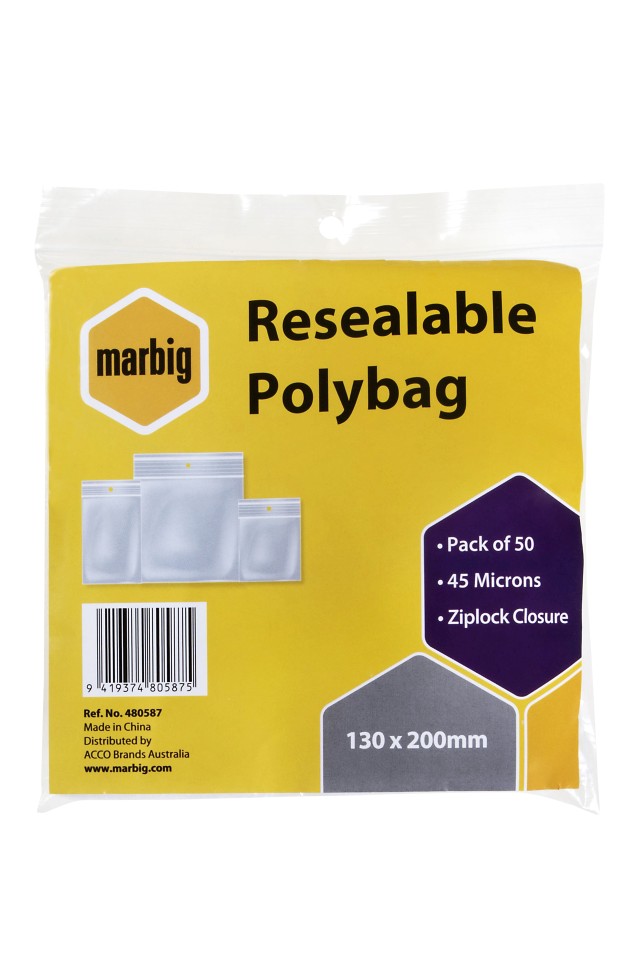 Marbig Resealable Polybag 130 x 200mm Ziplock Closure 45 Microns Pack 50